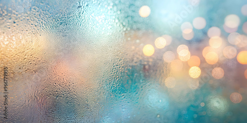 City Lights Through Misty Glass: A mesmerizing abstract with colorful bokeh, blurred by delicate water droplets on the glass, evoking a dreamy, rainy night atmosphere.   photo