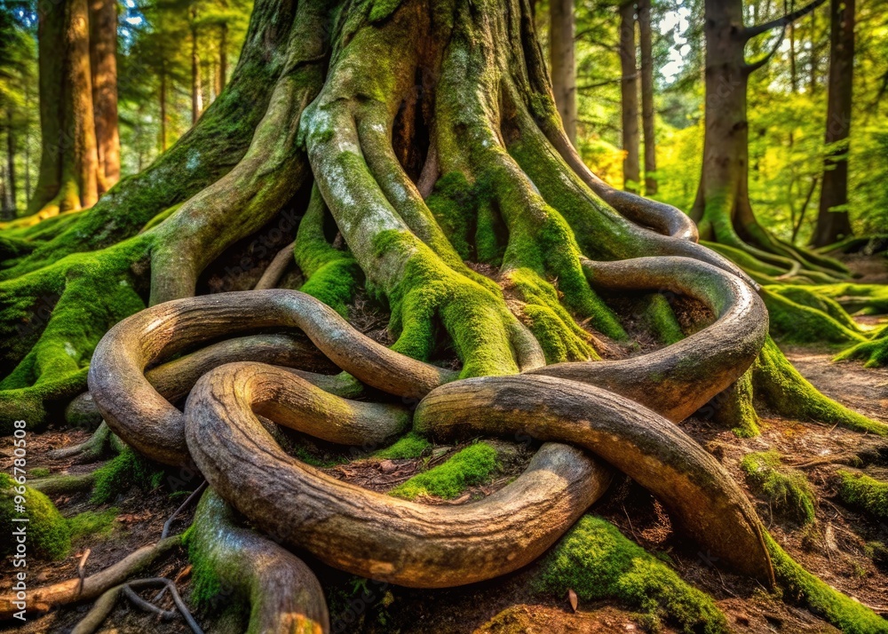 A sinuous serpent coils around the gnarled, ancient root system of a tree, blending seamlessly into the surrounding forest floor's twisted shadows and rustic textures. A sinuous serpent coils around the gnarled, ancient root system of a tree, blending seamlessly into the surrounding forest floor's twisted shadows and rustic textures.