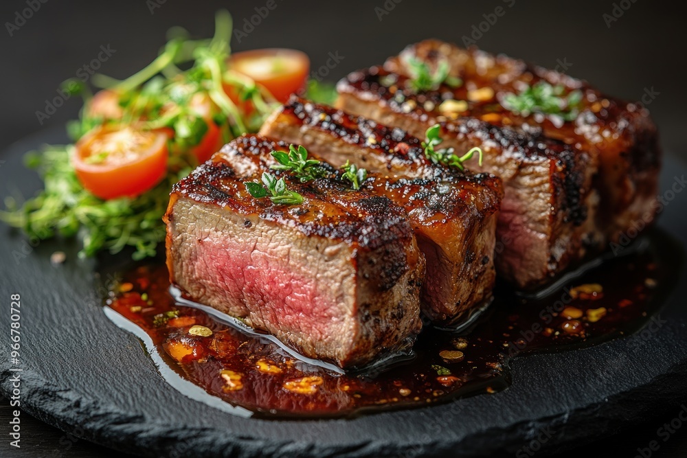 Delicious Grilled Steak with Sauce and Garnish Delicious Grilled Steak with Sauce and Garnish