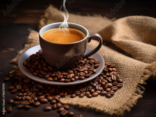 Bright Coffee cup with heart shaped coffee beans