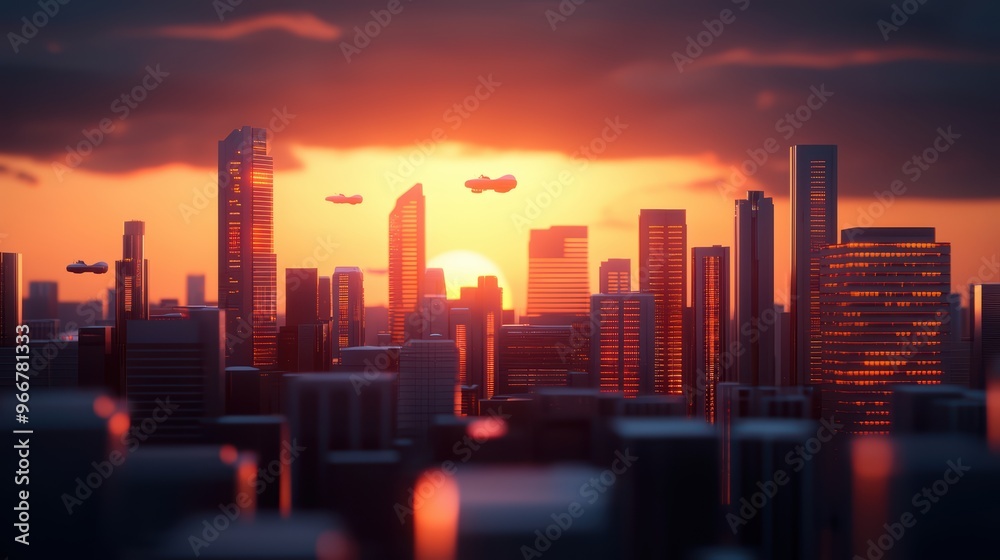 Fototapeta premium Futuristic Cityscape at Sunset with Flying Vehicles and Modern Skyscrapers