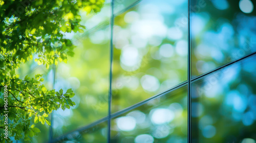 Green building reflection of trees in glass window