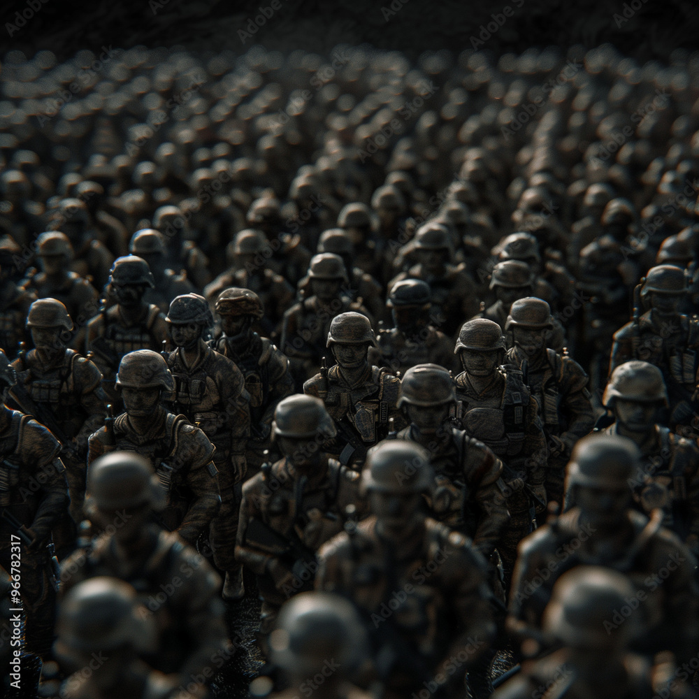 Fototapeta premium Large group of soldiers in formation under dim light 