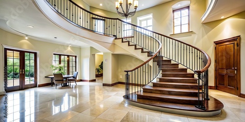 A sleek, modern staircase curves downward in a bright, airy space, surrounded by cream-colored walls and dark wooden railings, evoking a sense of luxury and sophistication.