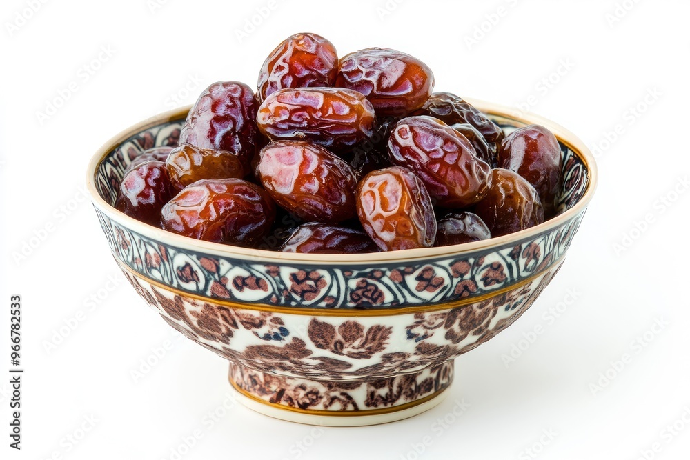 A bowl of dates fruit in white background. Ramadan Conceptual photo with generative ai A bowl of dates fruit in white background. Ramadan Conceptual photo with generative ai