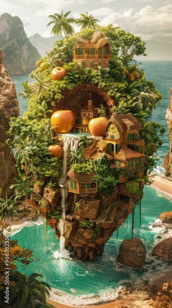 Fototapeta premium Surreal Tropical Island with Houses and Waterfall.