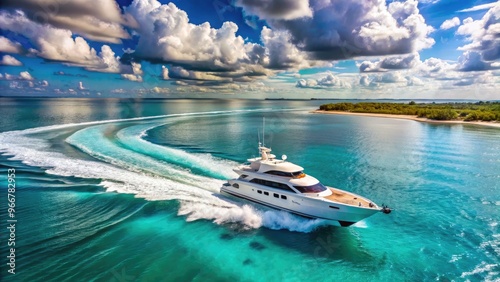 A sleek, white luxury yacht speeds across turquoise waters, leaving a foamy trail behind, with a distant coastline and cloudy sky as a serene backdrop.