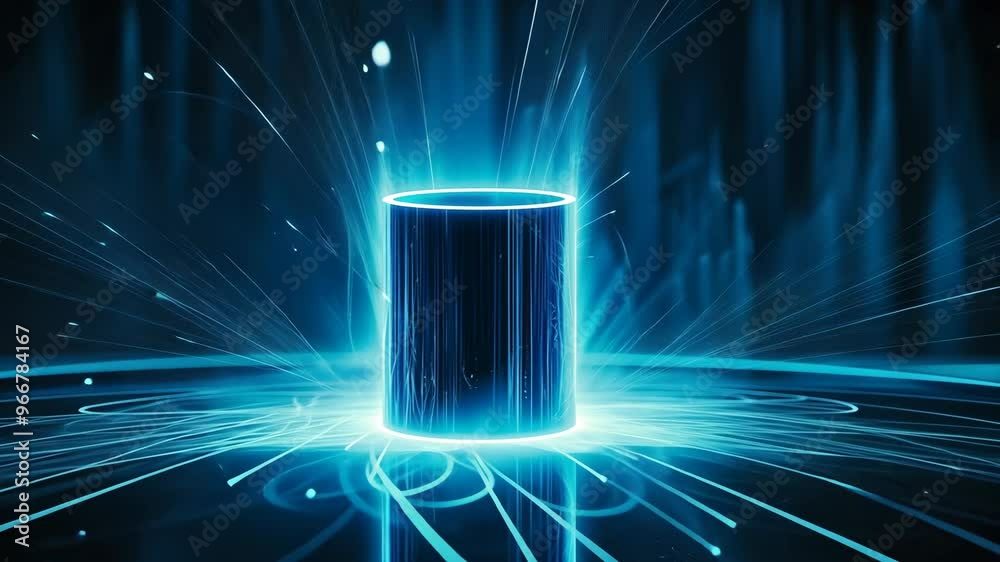 A futuristic visual display of blue light energy pulsing around a glowing cylindrical shape at an art installation