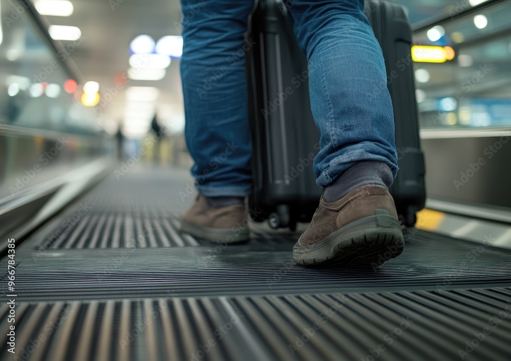 A man wearing a brown shoe is walking with a black suitcase on an escalator