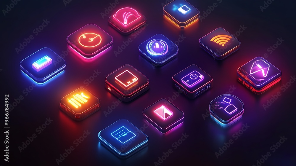 3D illustrated icon set for a home automation app, featuring icons for smart devices such as lights, thermostats, and security systems, with a modern and futuristic look. 3D illustrated icon set for a home automation app, featuring icons for smart devices such as lights, thermostats, and security systems, with a modern and futuristic look.