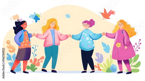 Happy Diverse Women Holding Hands Friendship Illustration