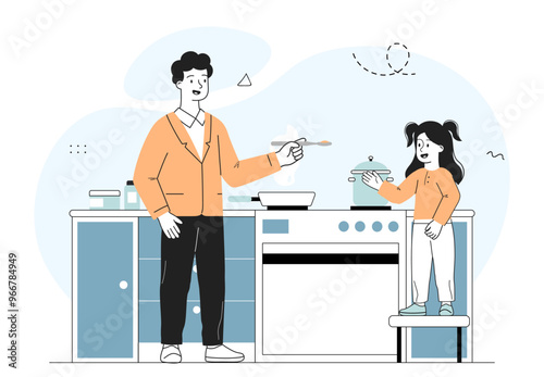 Father and child cooking. Man and girl near stove with saucepan. Little helper with household chores and routine. Family at kitchen. Linear vector illustration