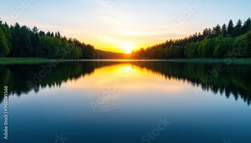 A serene sunset over a tranquil lake, reflecting vibrant colors and surrounded by lush greenery, perfect for nature lovers.