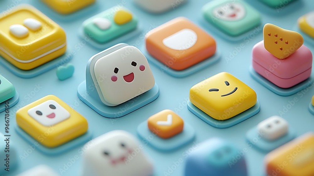 3D illustrated icon set for a messaging app, featuring icons for different types of chat features like voice messages, video calls, and GIFs with detailed and fun designs. 