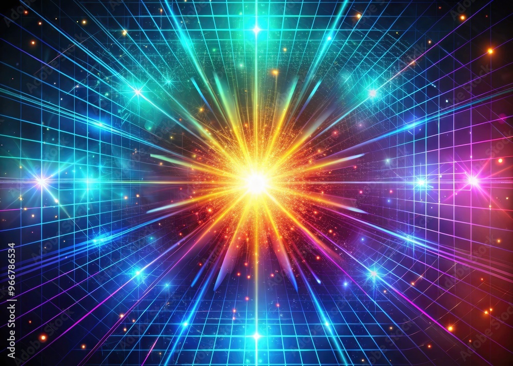 A stylized, neon-lit starburst explodes from a futuristic vector grid, radiating vibrant colors and 3D illusion, symbolizing innovation and digital creativity in abstract space. A stylized, neon-lit starburst explodes from a futuristic vector grid, radiating vibrant colors and 3D illusion, symbolizing innovation and digital creativity in abstract space.