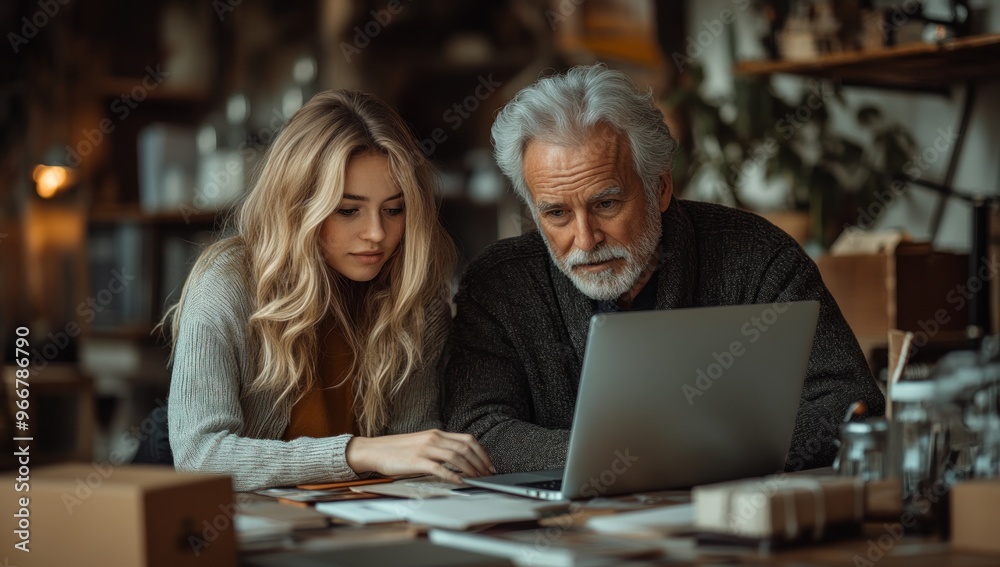 Young Woman and Older Man Looking at Laptop Young Woman and Older Man Looking at Laptop