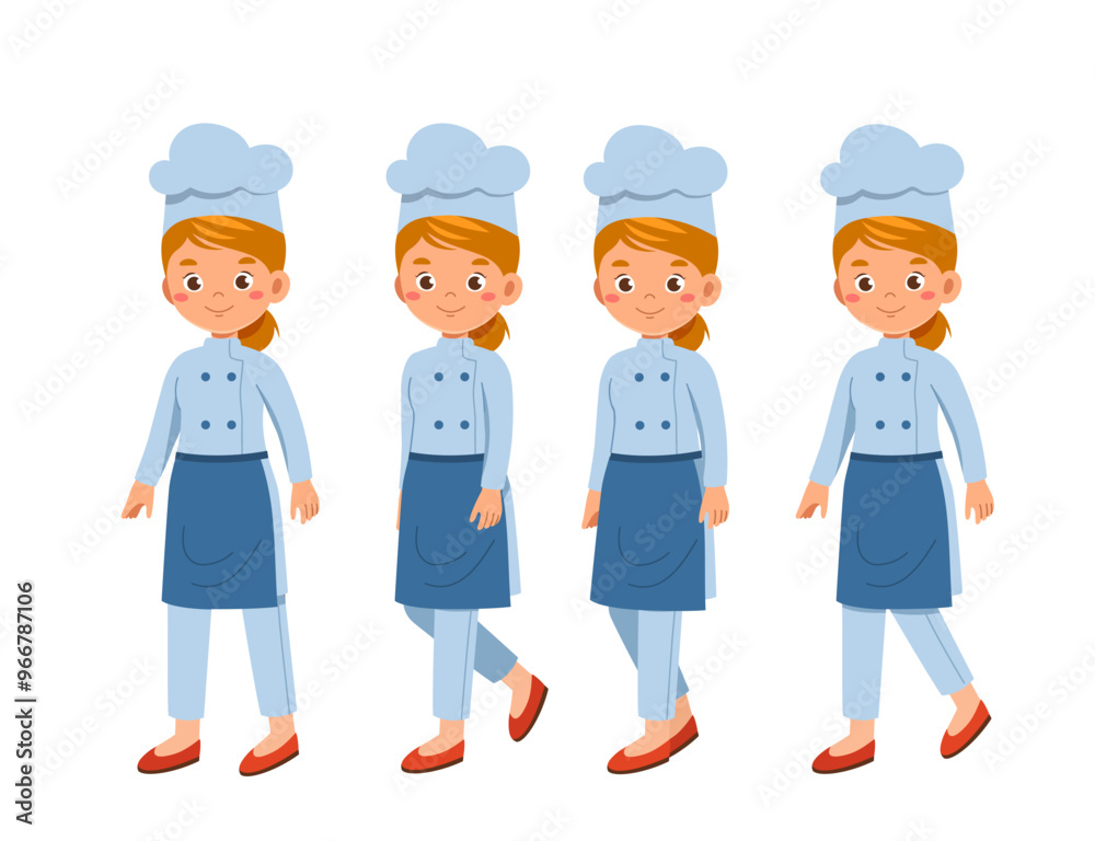 Female chef constructor. Girl in cooking hat. Kit for creating cartoon. Pack of character in various angles. Catering service occupation. Flat vector collection Female chef constructor. Girl in cooking hat. Kit for creating cartoon. Pack of character in various angles. Catering service occupation. Flat vector collection