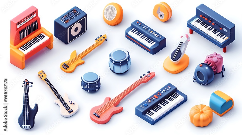 3D illustrated icon set for a music app, featuring icons for different types of musical instruments like guitars, pianos, and drums with vibrant and detailed designs. 3D illustrated icon set for a music app, featuring icons for different types of musical instruments like guitars, pianos, and drums with vibrant and detailed designs.