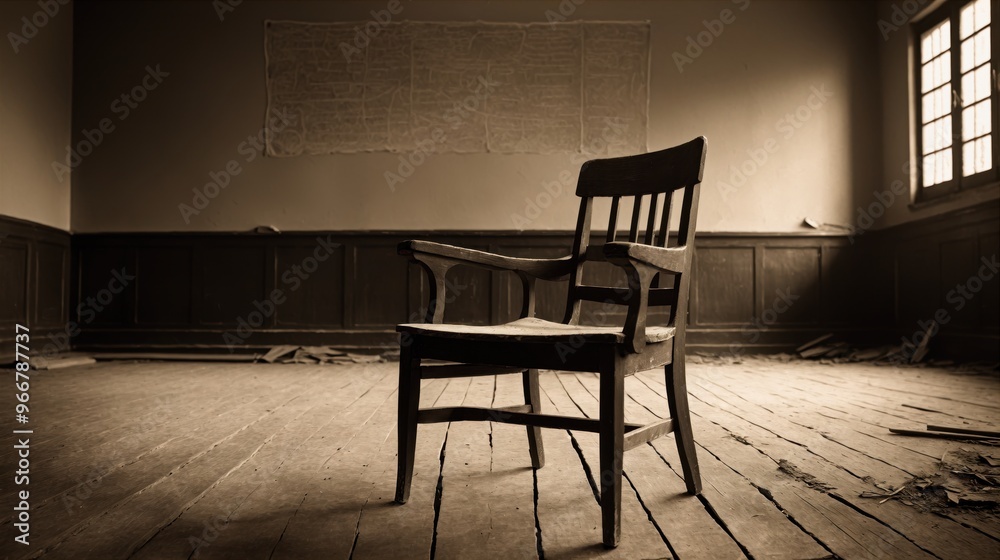 generative ai, Lonely Wooden Chair in an Abandoned Room with Soft Light generative ai, Lonely Wooden Chair in an Abandoned Room with Soft Light