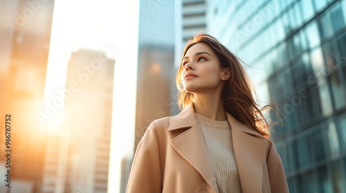 Free Download A fashionable woman gazes thoughtfully at the skyline, illuminated by the warm glow of sunset against modern architecture. - GFXLoad