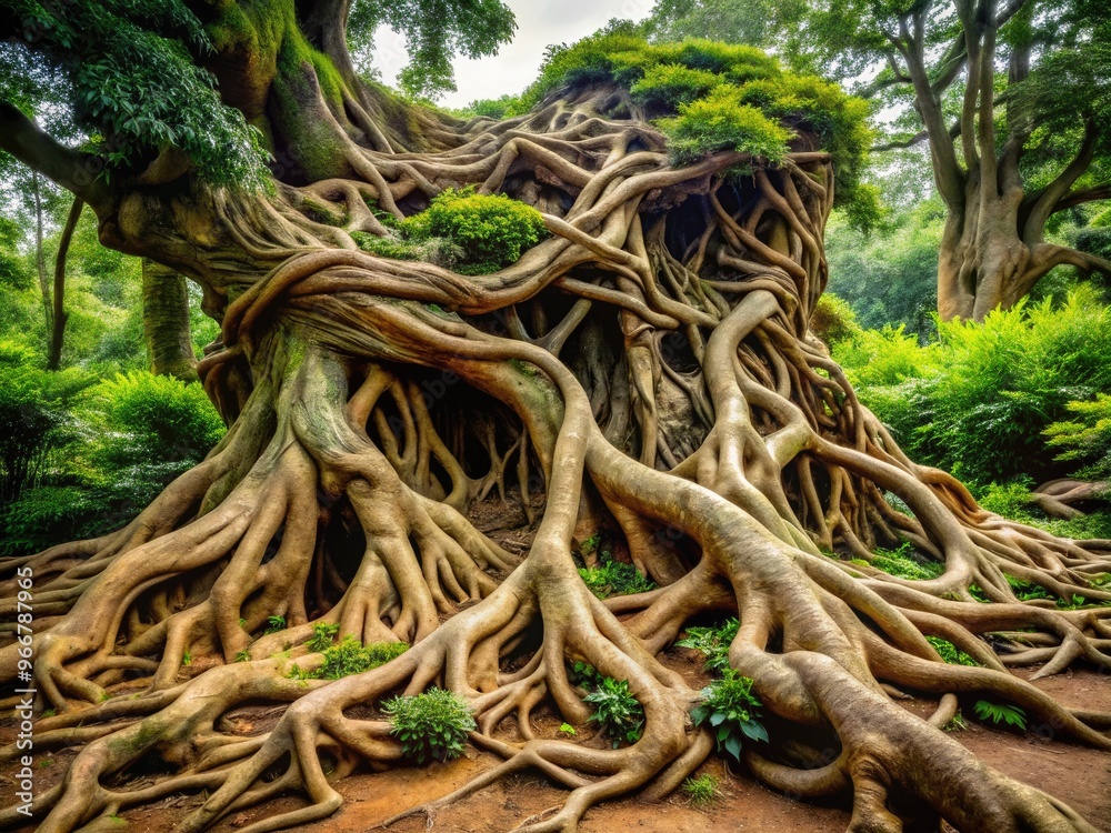 A twisted, gnarled mandrake root system sprawls out from the earth, its thick, woody tendrils resembling human-like limbs in a mysterious, ancient, and mystical botanical display. A twisted, gnarled mandrake root system sprawls out from the earth, its thick, woody tendrils resembling human-like limbs in a mysterious, ancient, and mystical botanical display.
