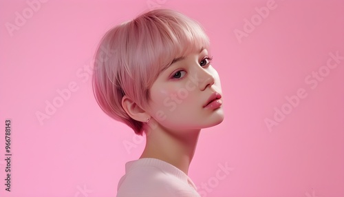 Charming girl with pink short hair poses against a vibrant pink backdrop