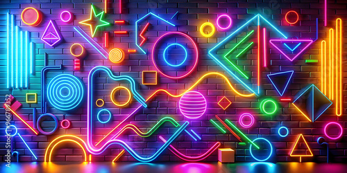 Neon Dreams: An abstract explosion of vibrant neon lights and geometric shapes creates a dazzling and futuristic backdrop, perfect for adding a bold and energetic touch to any design. 