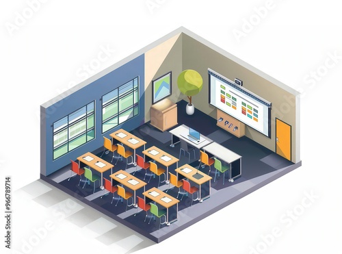 Isometric educational classroom with modern desks and interactive boards, architecture isometric interior, learning environment