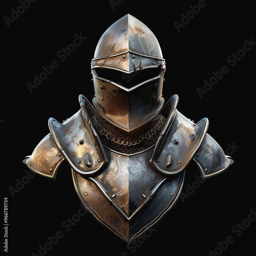 Medieval knight armor with helmet and articulated shoulder plates 