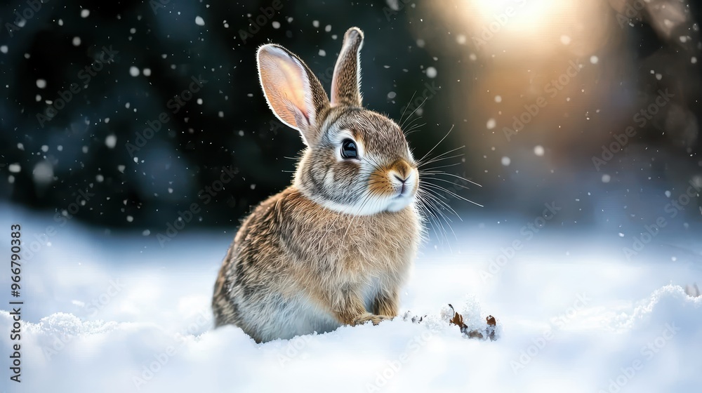 Adorable Rabbit in Snowy Winter Landscape with Falling Snowflakes and Sunlight Adorable Rabbit in Snowy Winter Landscape with Falling Snowflakes and Sunlight