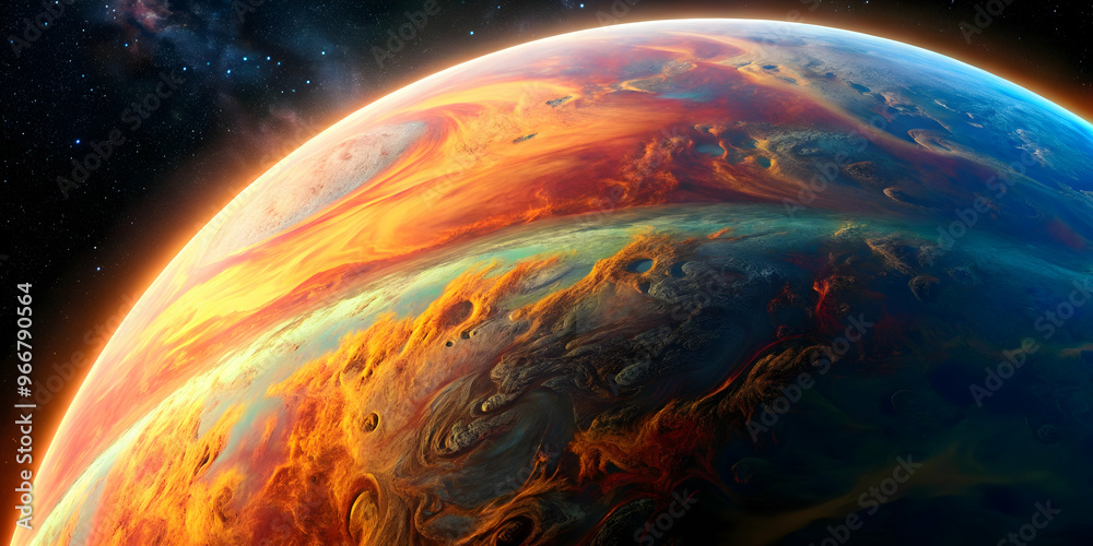 Inferno Planet: A fiery gas giant rages with swirling storms and volcanic plumes, a mesmerizing spectacle of cosmic power. Inferno Planet: A fiery gas giant rages with swirling storms and volcanic plumes, a mesmerizing spectacle of cosmic power.