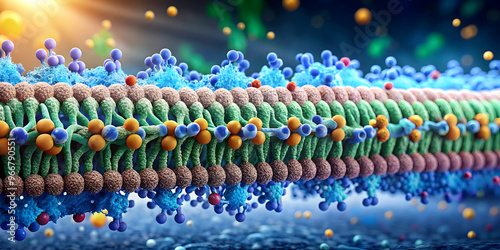 Cellular Highway: A vibrant, 3D rendering of a cell membrane, showcasing its intricate structure and the bustling activity of molecules traversing its surface. 