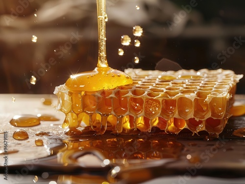 Fresh honey dripping from a honeycomb, honeycomb, sweet freshness