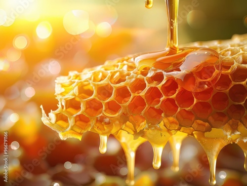 Fresh honey dripping from a honeycomb, honeycomb, sweet freshness