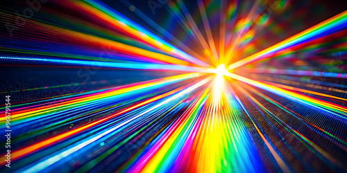 Rainbow Light Burst: A vibrant abstract background with a burst of light in a rainbow spectrum, creating a sense of energy, speed and dynamism. 