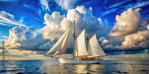 A vintage-style sailboat with billowing white sails and a gleaming brass clip anchoring the hull, set against a bright blue sky with puffy white clouds.