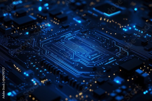 AI chip background with blue circuit light elements on technology dark background. Circuit board, AI semiconductor and computer processor. Abstract polygonal microchip. with generative ai