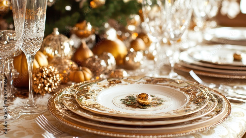 Gold Ornament on a Stacked Set of Ornate Plates with Golden Rim Gold Ornament on a Stacked Set of Ornate Plates with Golden Rim