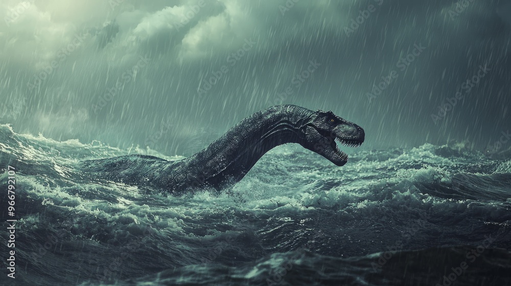 Obraz premium Prehistoric Sea Monster in Stormy Ocean