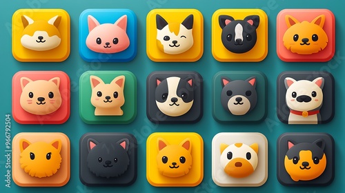 Colorful 2D icon set for a pet care app, featuring icons for different types of pets like dogs, cats, and birds with bright and playful designs. 