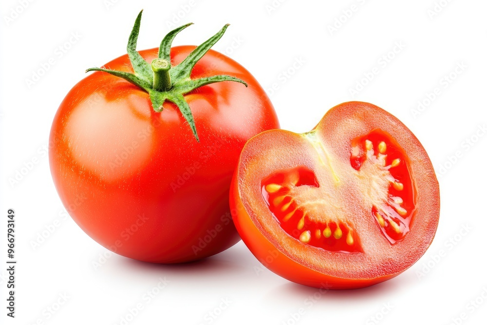 Tomato vegetables isolated on white background. One whole tomato and cut slice , ai