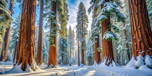 A blanket of pristine snow envelops the towering sequoia trees, transporting the landscape into a winter wonderland photo