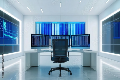 AIpowered financial advisor, hologram interacting with data screens, sleek office, bright white and blue lighting, realistic rendering photo