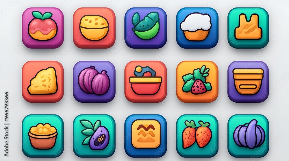 Colorful icon set for a food app, featuring icons for different types ...