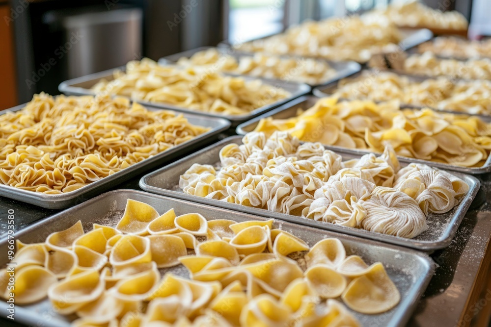 Various Freshly Made Pasta Shapes on Baking Sheets Various Freshly Made Pasta Shapes on Baking Sheets