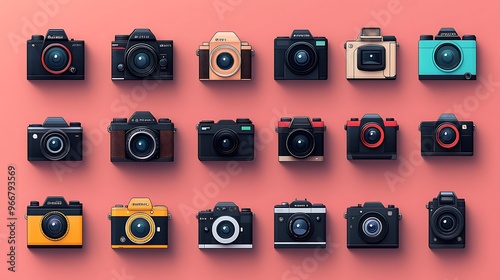 Colorful icon set for a photography app, featuring icons for different types of cameras like DSLR, mirrorless, and point-and-shoot with vibrant and detailed designs.  photo