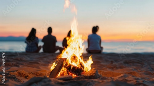 Diverse friends enjoying a beach bonfire at sunset, beach party, summer vibes, Celebration of friendship and fun