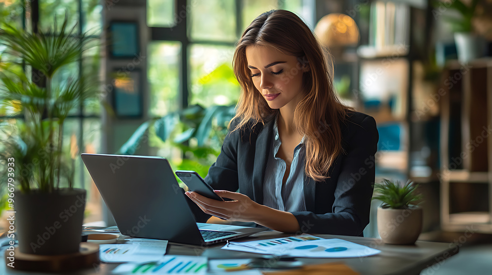 A woman is sitting at a desk with a laptop and a cell phone A woman is sitting at a desk with a laptop and a cell phone