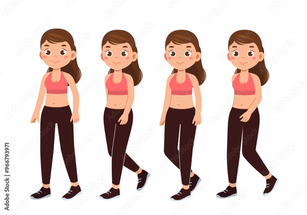 Fototapeta premium Fitness girl constructor. Woman in sportive uniform. Kit for creating cartoon. Pack of character in various angles. Cardio training and workout. Flat vector collection