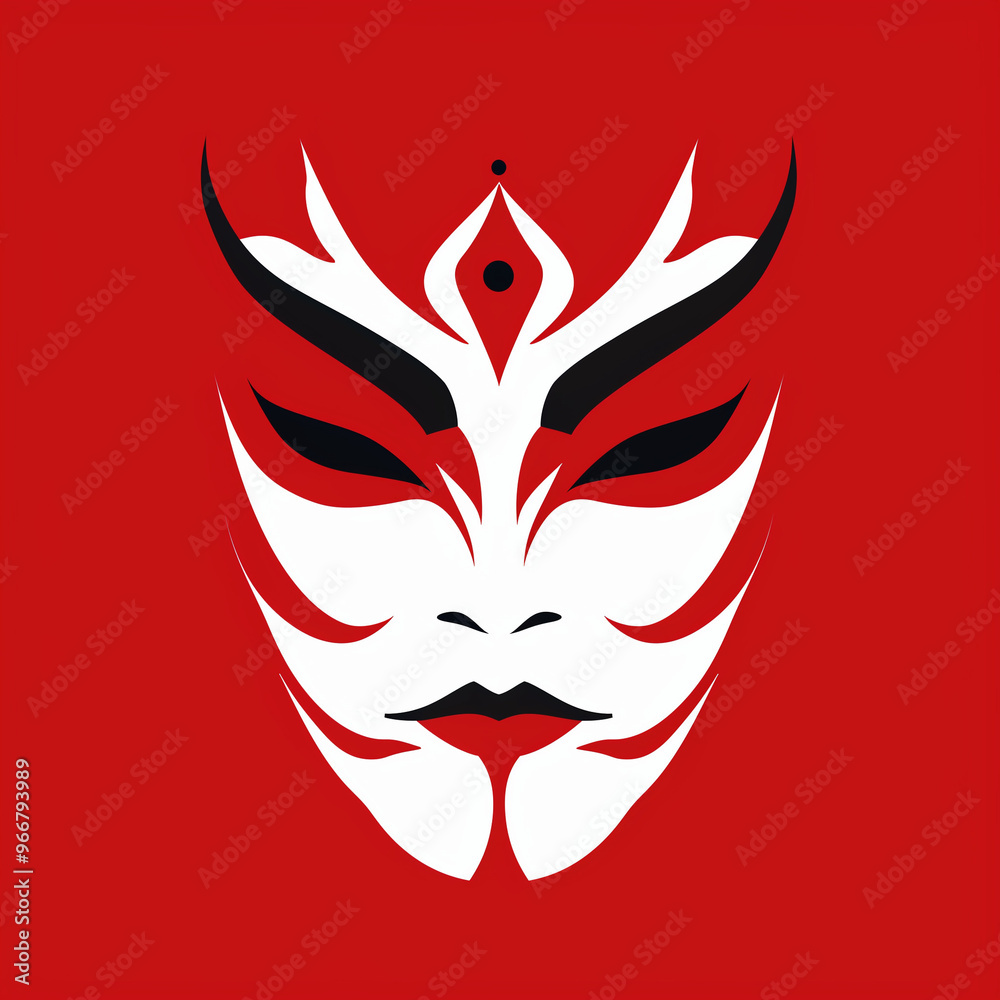 Intricate Asian Mask with Black and Red Patterns on White
Intricate Asian Mask with Black and Red Patterns on White
